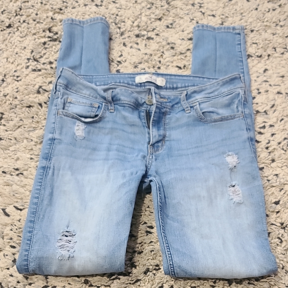 HOLLISTER Girls 9L W29 L33 Hollister Light Blue Ripped Skinny Jeans